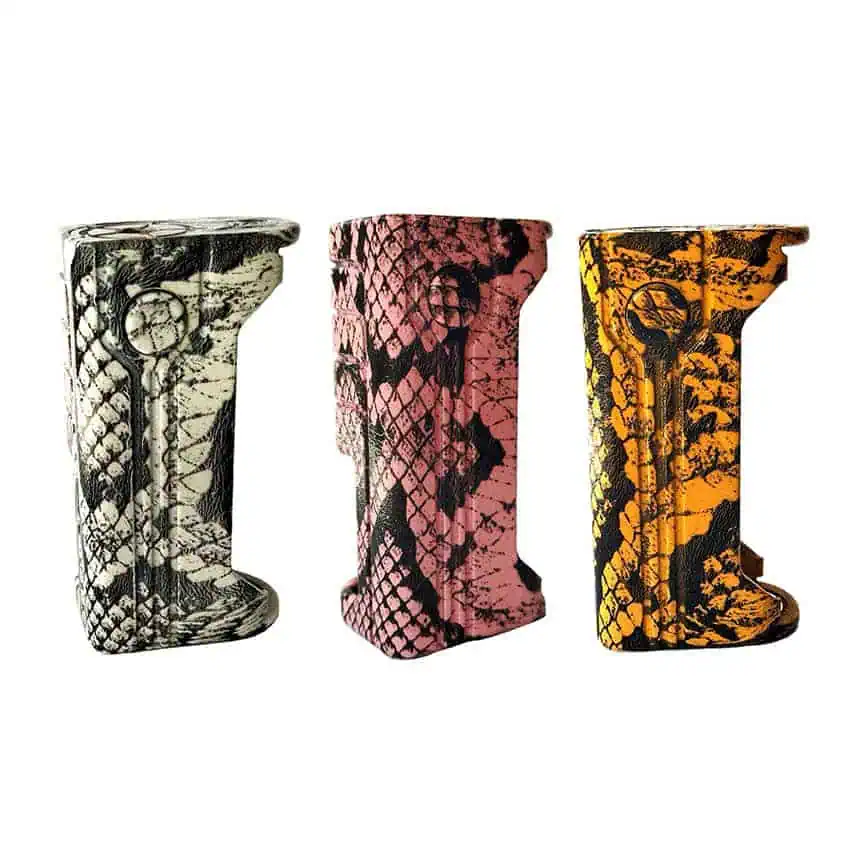 Sniper mod de vape con diseño de serpiente en colores blanco, rosa y amarillo.