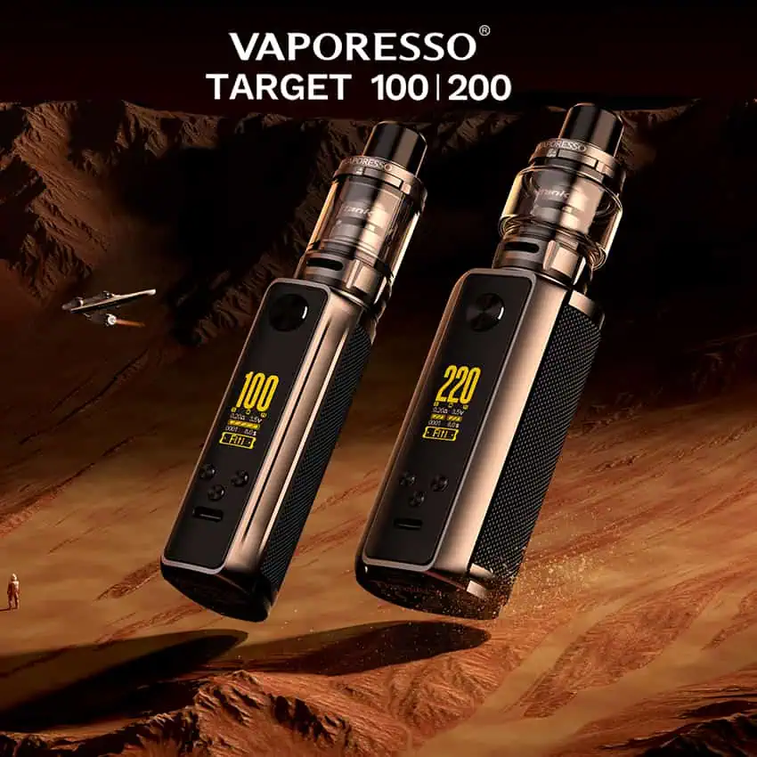 Vaporesso Target 100 y 200 vaporizadores de bolsillo con pantalla digital avanzada.