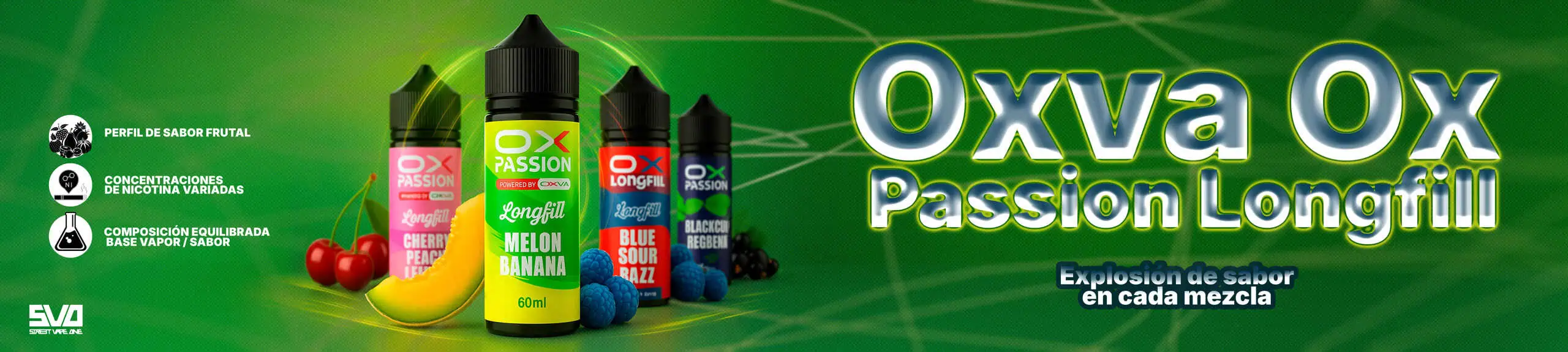 Oxva Passion Longfill líquidos para vapear sabor fruta, melón y banana, gran variedad.