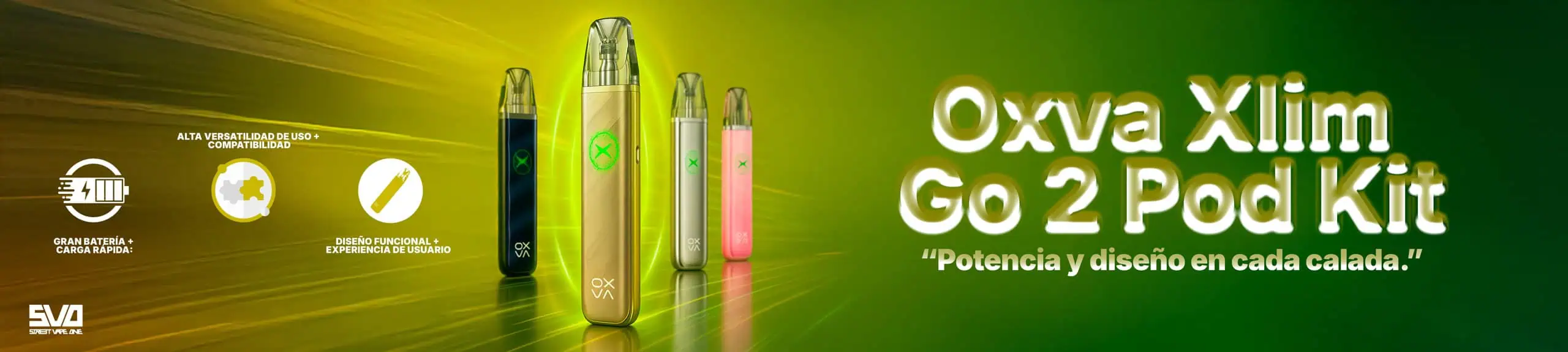Barras de vape Oxva Xlim Go en color dorado, negro, plateado y rosado.