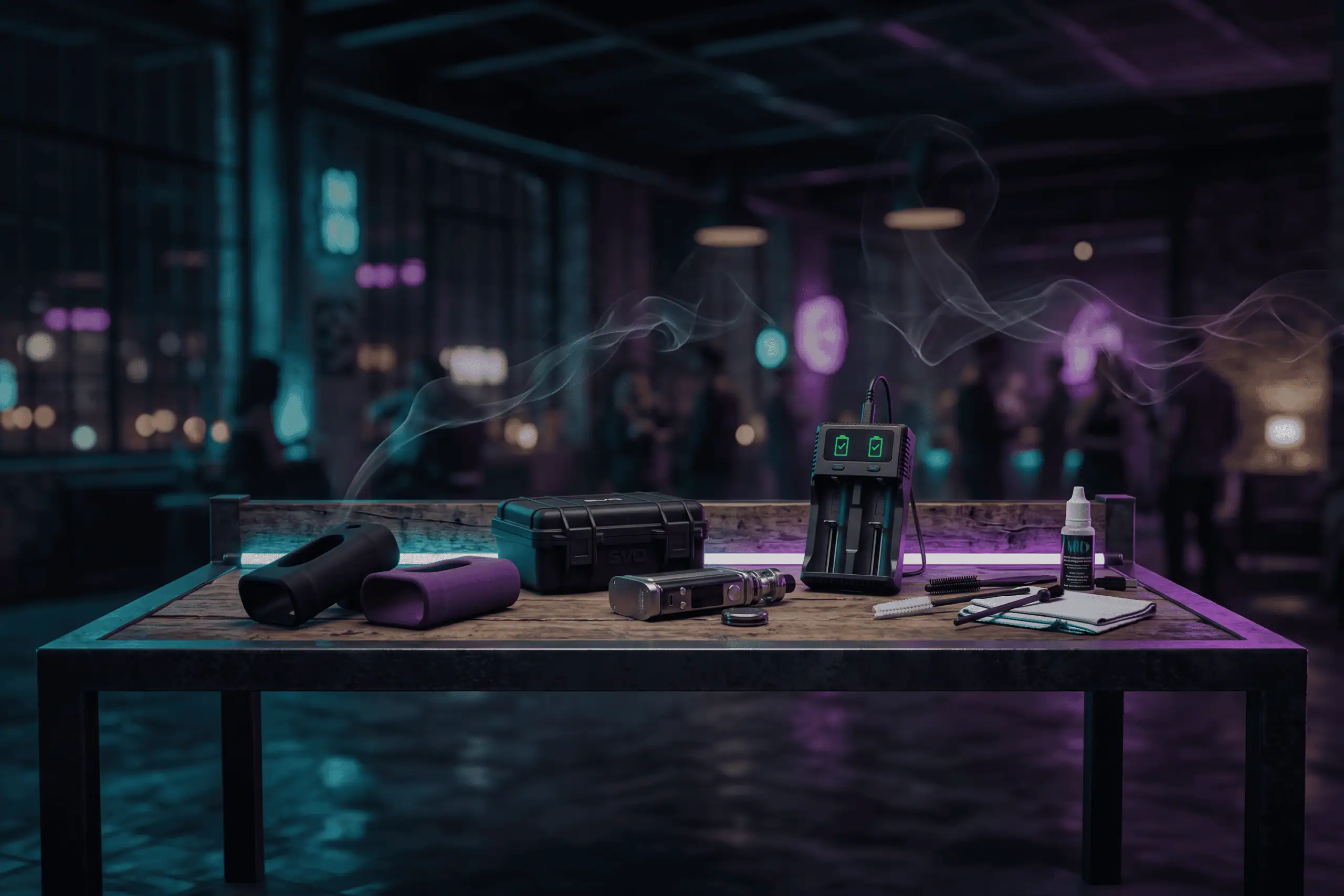 Kit de accesorios para alargar la vida del vaper con fundas de silicona, cargador externo y herramientas sobre mesa de taller industrial.