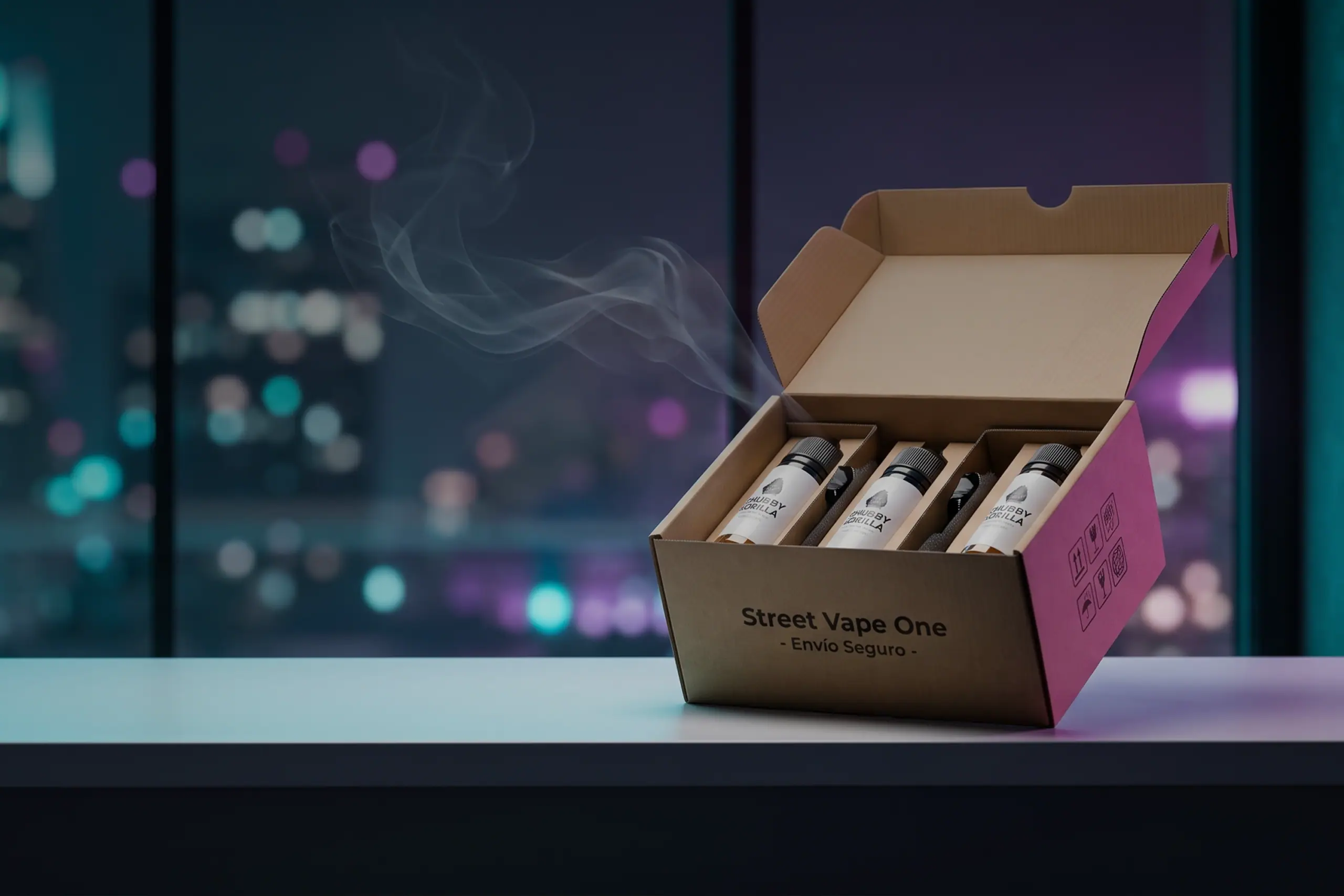 Caja de envío abierta con botes de e-líquido para comprar líquidos de vapeo con envío seguro en España sobre mostrador moderno.