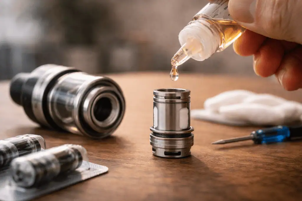 Persona cebando una resistencia de vape con líquido en un taller.