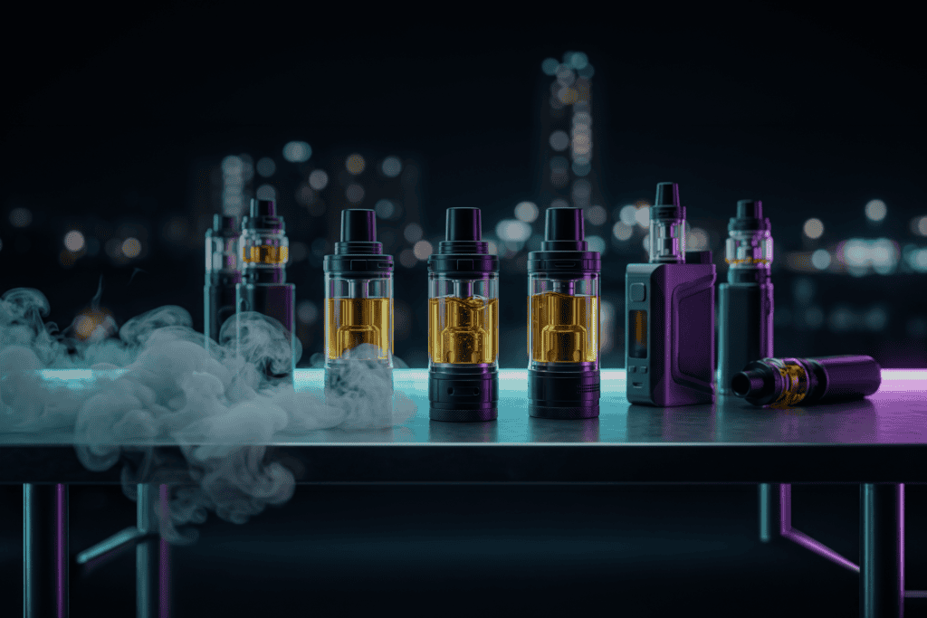 Varios vapers recargables para líquidos densos con tanques transparentes cargados de e-líquido de alto VG sobre mesa con luces neón.