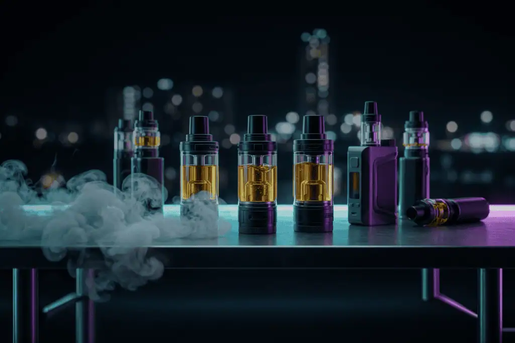 Varios vapers recargables para líquidos densos con tanques transparentes cargados de e-líquido de alto VG sobre mesa con luces neón.