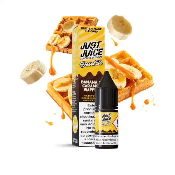 Vape líquido Banana Caramel Waffle de Just Juice Desserts Salts, sabor dulce y cremoso.