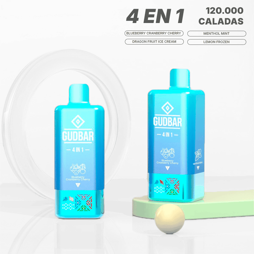 Dispositivo de vape Gudbar 4 en 1 con sabor Blueberry Cranberry Cherry.