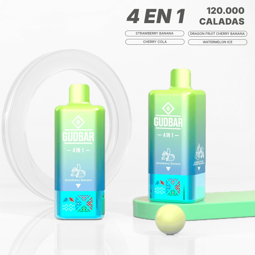Vape Gudbar 4 en 1 sin nicotina, sabor fresa banana, 120,000 caladas.