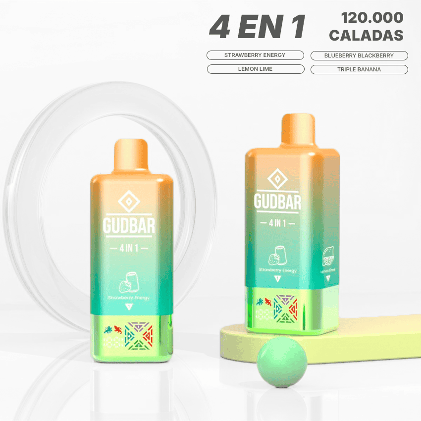 Vape Gudbar 4 en 1 sin nicotina sabor fresa, 120.000 caladas, ideal para vapeadores.