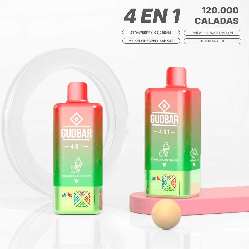 Vaporizador Gudbar 4 en 1 con sabor a helado de fresa y frutas tropicales.