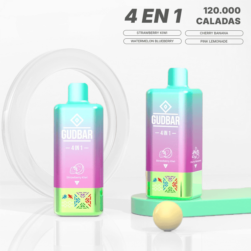 Dispositivo Gudbar 4 en 1 sin nicotina con sabor a fresa kiwi, ideal para vapear en cualquier moment.