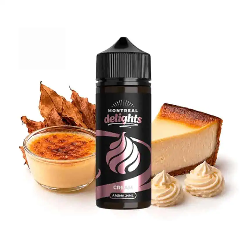 E-Liquid Montreal Delights Cream Longfill con postre y hojas secas.