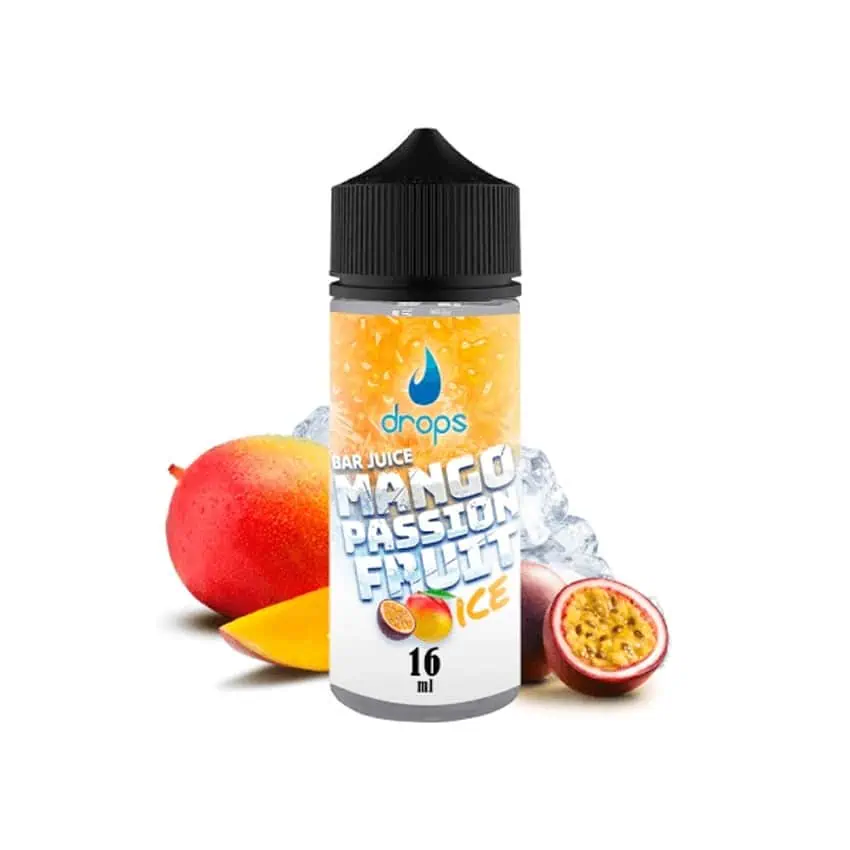 E-líquido de mango y pasión para vapear, 16ml, en botella con etiqueta colorida.