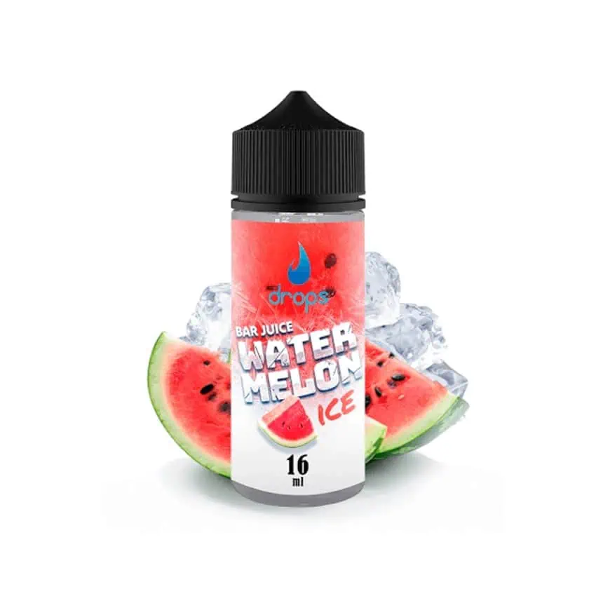 Botella de e-líquido Watermelon Ice para vaporizadores, con rodajas de sandía y hielo.