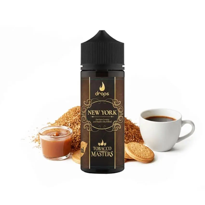E-Liquid Drops Tobacco Masters New York Longfill con galletas y café.